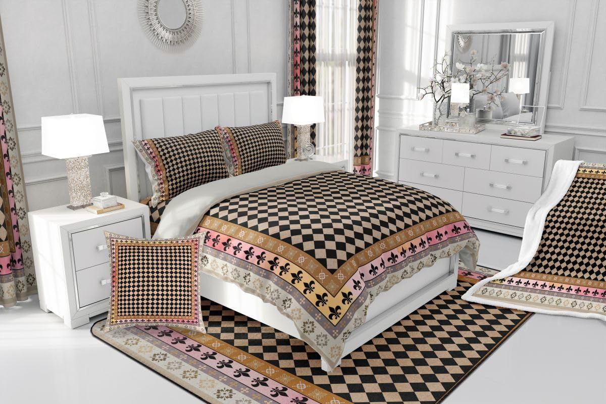 jejeloiu Geometric Checkerboard Comforter Set All Season Plaid Damask Floral Bedding Set with 2 Pillow Cases Check Checkered Microfiber Kids Queen Bedclothes Grid Bedroom Decor Duvet Quilt Breathable