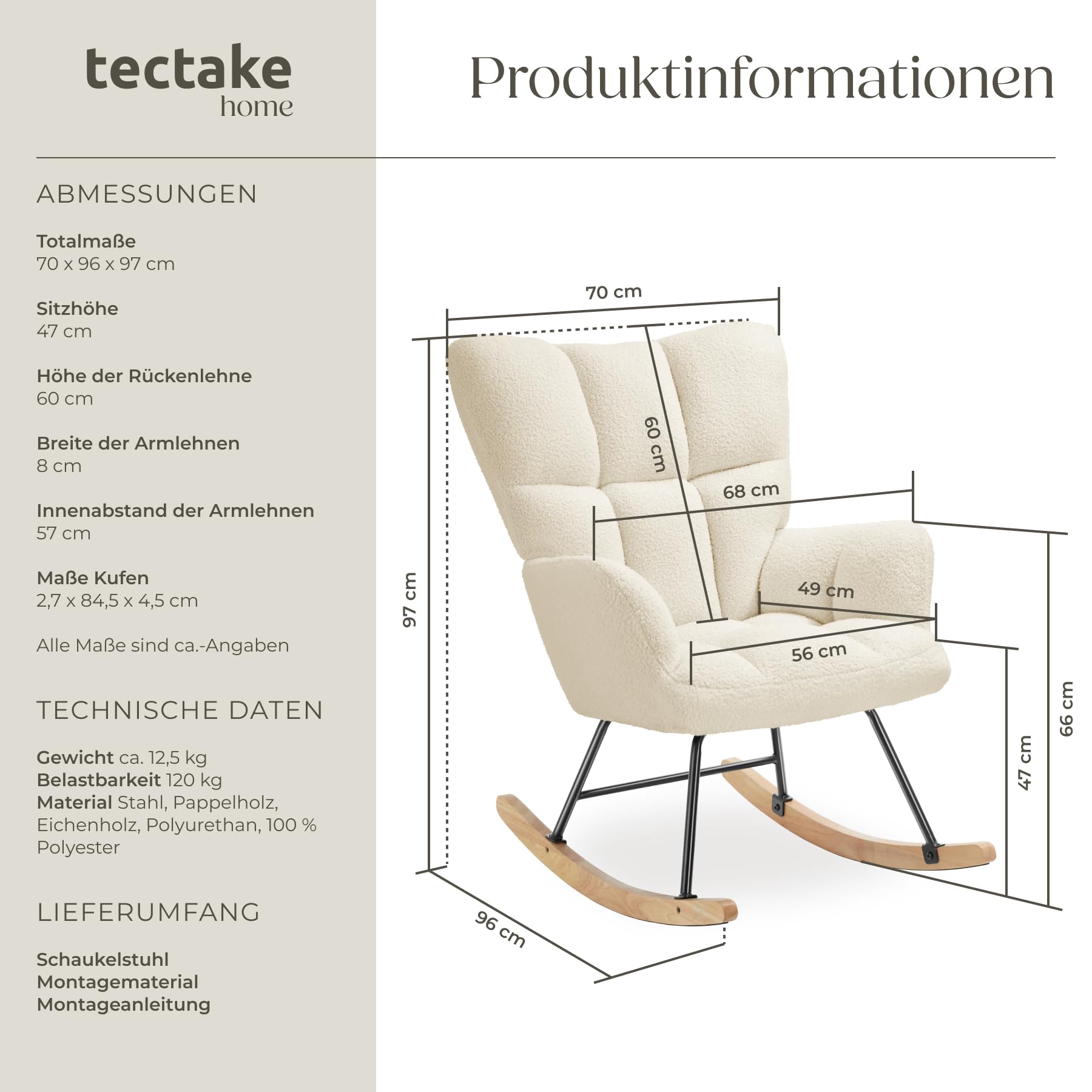 tectake® Skandi Schaukelstuhl, Sessel Wohnzimmer, Relaxsessel, Wohnzimmer Möbel Ohrensessel Vintage Look, Lesesessel, Schaukelsessel, Rocking Chair Babyzimmer, Schlafzimmer - beige