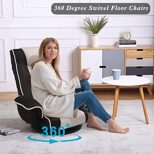 Miniatura 6 de FLOGUOR Silla giratoria de piso para juegos 360 con reposabrazos, silla de piso plegable multiángulo, respaldo acolchado, sofá perezoso para sala de