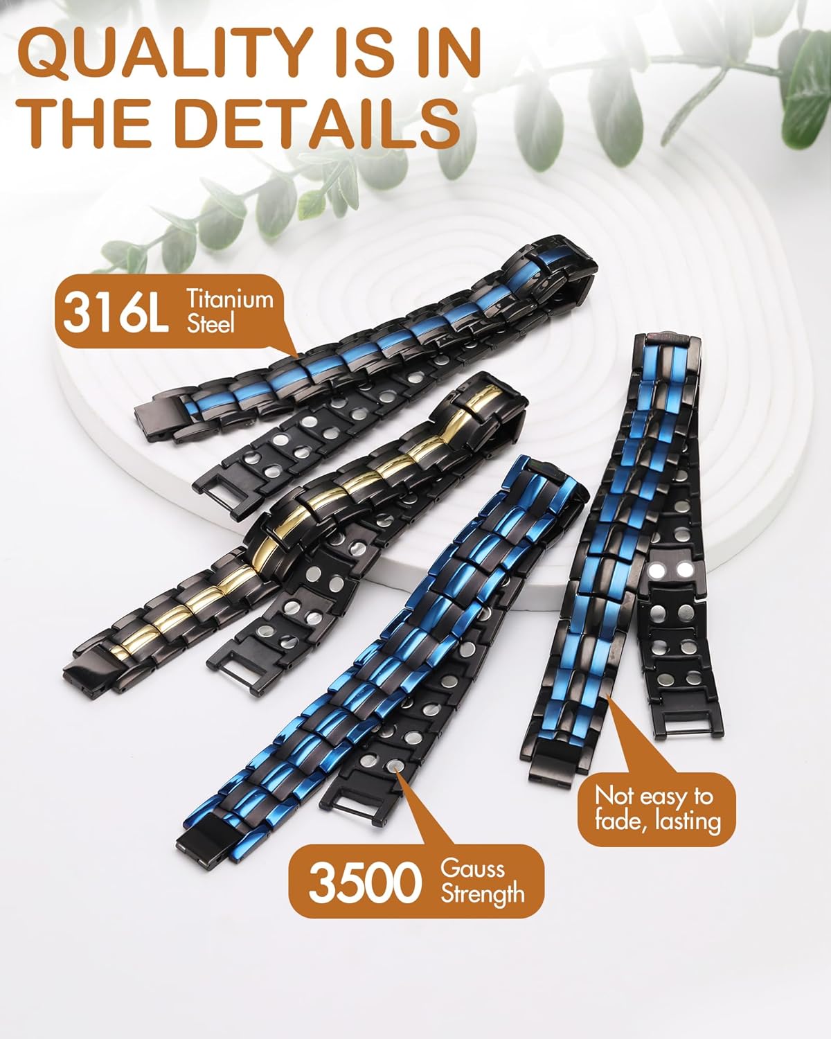 Feraco Magnetic Bracelet for Men Titanium Steel Magnetic Bracelet for Men with Double Row Magnets Adjustable (Black & Blue) - Image 2