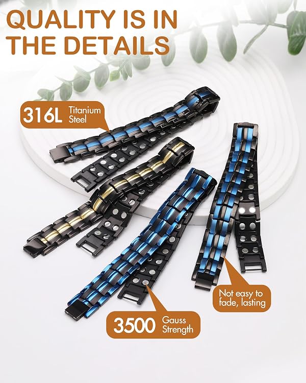 Feraco Magnetic Bracelet for Men Titanium Steel Bracelets with Double Row Magnets Adjustable (Black & Blue) by Feraco - Used condition - Image 2