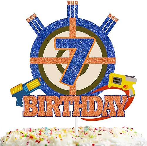 Selección de decoración de pastel para niños y niñas, 7 cumpleaños, dardos, balas de guerra, suministros de decoración de fiesta, disparo de armas,