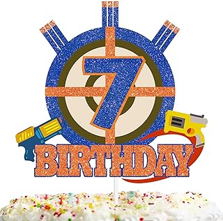 Gun Target Cake Topper Pick for Boys Girls 7th Birthday Dart Bullet War Theme Party Decoration Supplies Gun Shooting Crosshairs Glitter Cake Decor for Cheer to 7 Years Old
