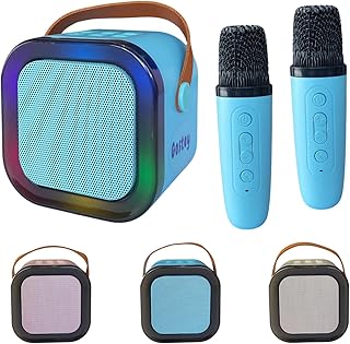 Mini caixa de som karaokê com 2 microfones bluetooth luz rgb (azul)