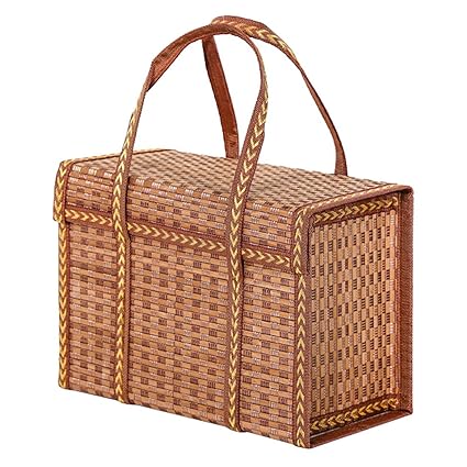 VIZCO Lumbar Support Market Basket Woven Picnic Basket With Handle Lid Rattan Grocery Bag Shopping Bag Flower Arrangement Holder