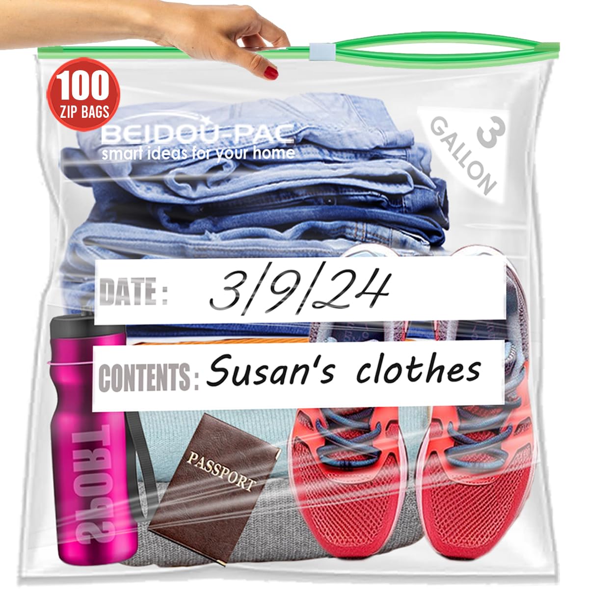 3 Gallon Large Slider Plastic Bags, | 100 Count | 2 Mil | 16" x 18" | Heavy-Duty Reusable Clear Freezer Storage Bags(Slider-3 gallon-100count)