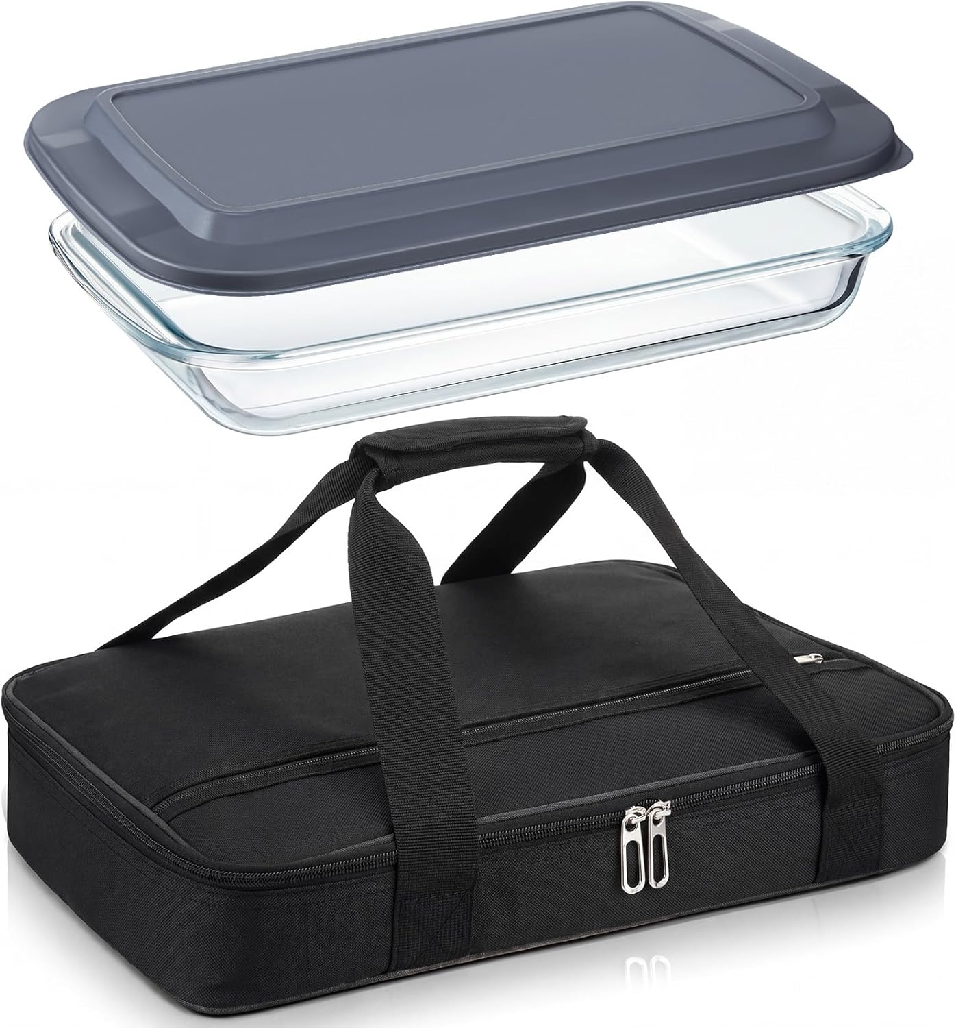 FoldTier Glass Baking Dish with Lid Glass Casserole with Carrier 9 x 13 Inch Insulated Bag for Hot or Cold Food Deep Casserole Dish for Oven Potluck Party Picnic Cookouts (Black)