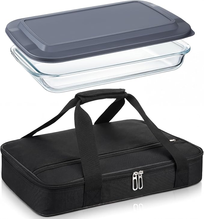 Glass Baking Dish with Lid Glass Casserole with Carrier 9 x 13 Inch Insulated Bag for Hot Cold Food Deep Casserole Dish for Oven Potluck Party Picnic Cookouts (Beige)
