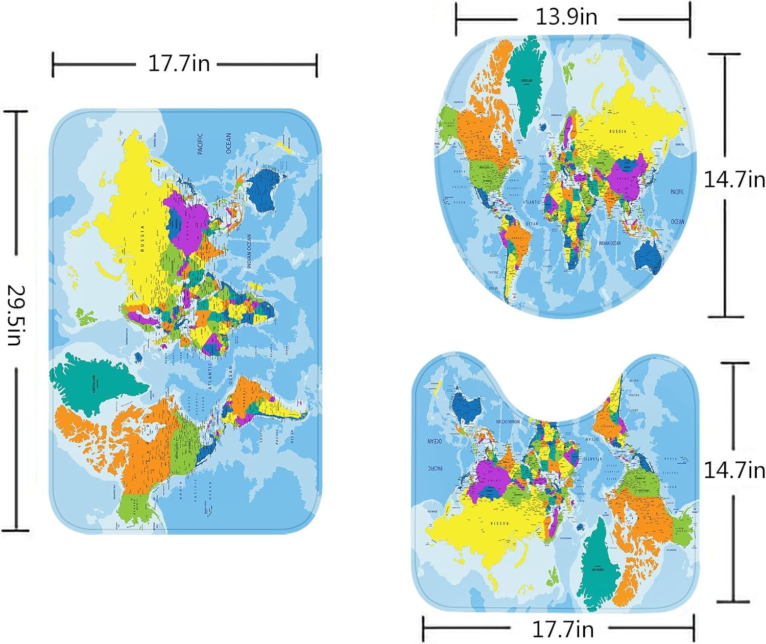 CAPSCEOLL Bathroom Rugs Mat 3 Piece, World Political Map Clearly Labeled Extra Soft Comfortable Bath Rugs,Non-Slip,Machine Washable Water Absorbent and Thick Bathroom Floor Mats for Shower Bathtubs