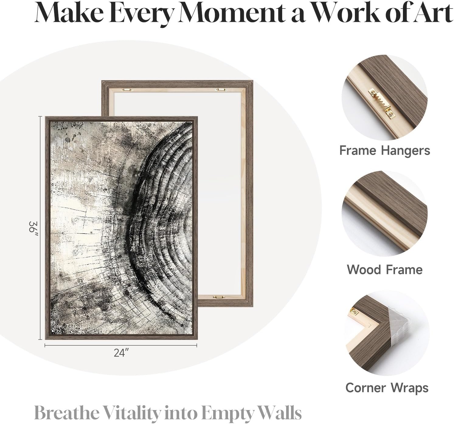 Framed Large Tree Rings Canvas Wall Art, 3 Piece Black and Gray Rustic Farmhouse Wood Stump Prints Artwork, Modern Neutral Paintings Decor for Living Room Bedroom Fireplace 24x36 Inch