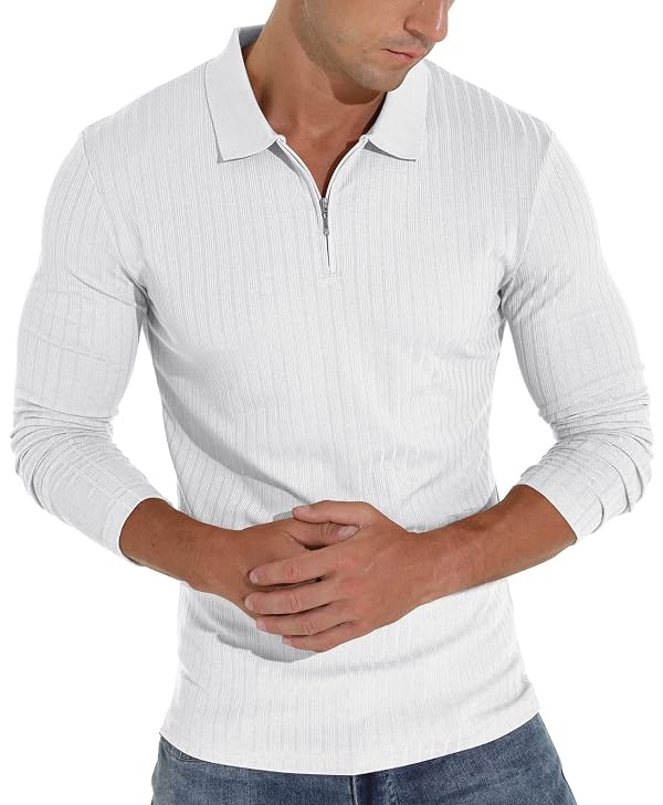 Askdeer Men's Polo Shirts Slim Fit Long Sleeve Zipper Polo T Shirt Muscle Golf Shirt Casual Classic Tee White by Askdeer - Used condition - Image 4