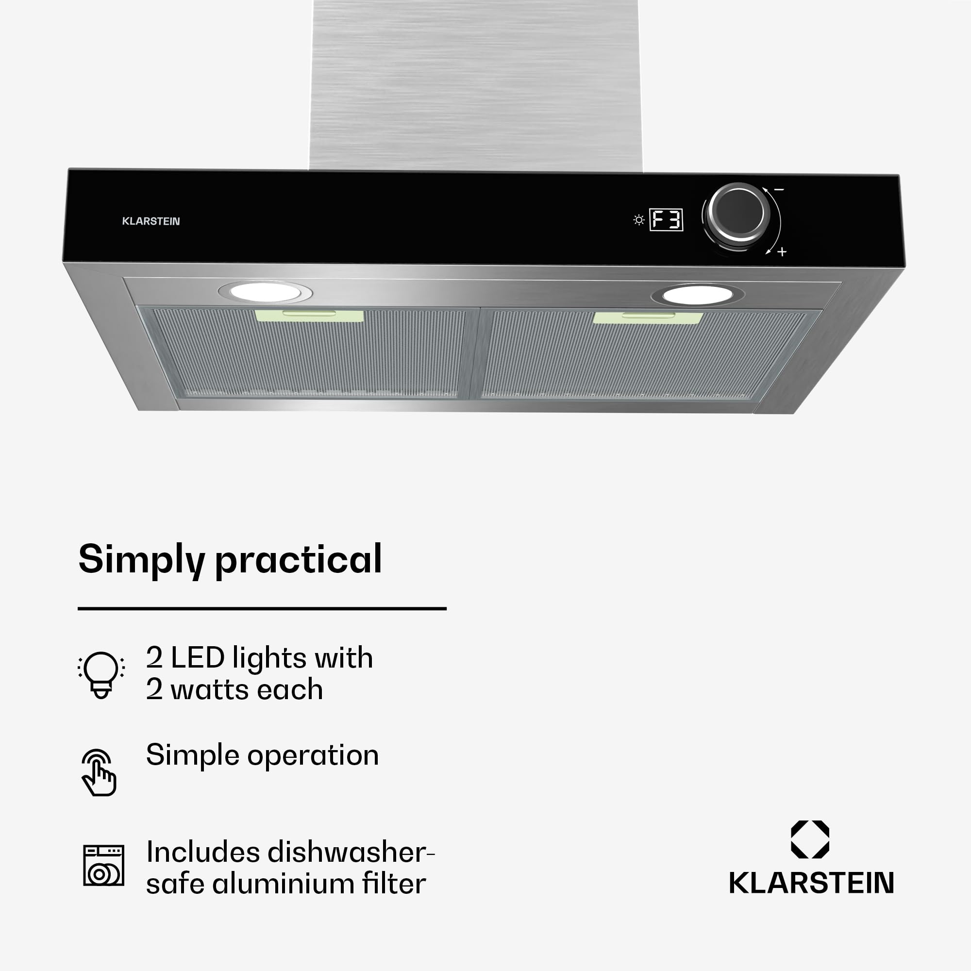 Klarstein AirNova Okap kuchenny - Okap ścienny 60 cm, 614 m³/h, Klasa energetyczna A++, Oświetlenie LED, Cichy 49 dB, Recyrkulacja i wyciąg, Stal nierdzewna