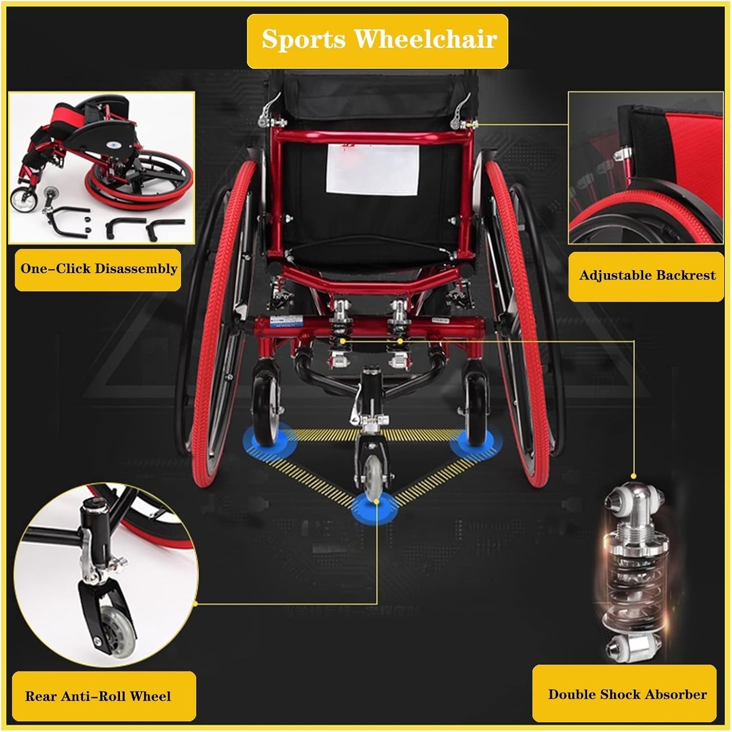 Sports and Leisure Wheelchair, Sports Adult Self-propelled Lightweight Folding Aluminum Alloy Shock-Absorbing Wheelchair, Trolley Driving Medical Treatment with Removable Rear Wheels ( Color : Red ) : Health & Household