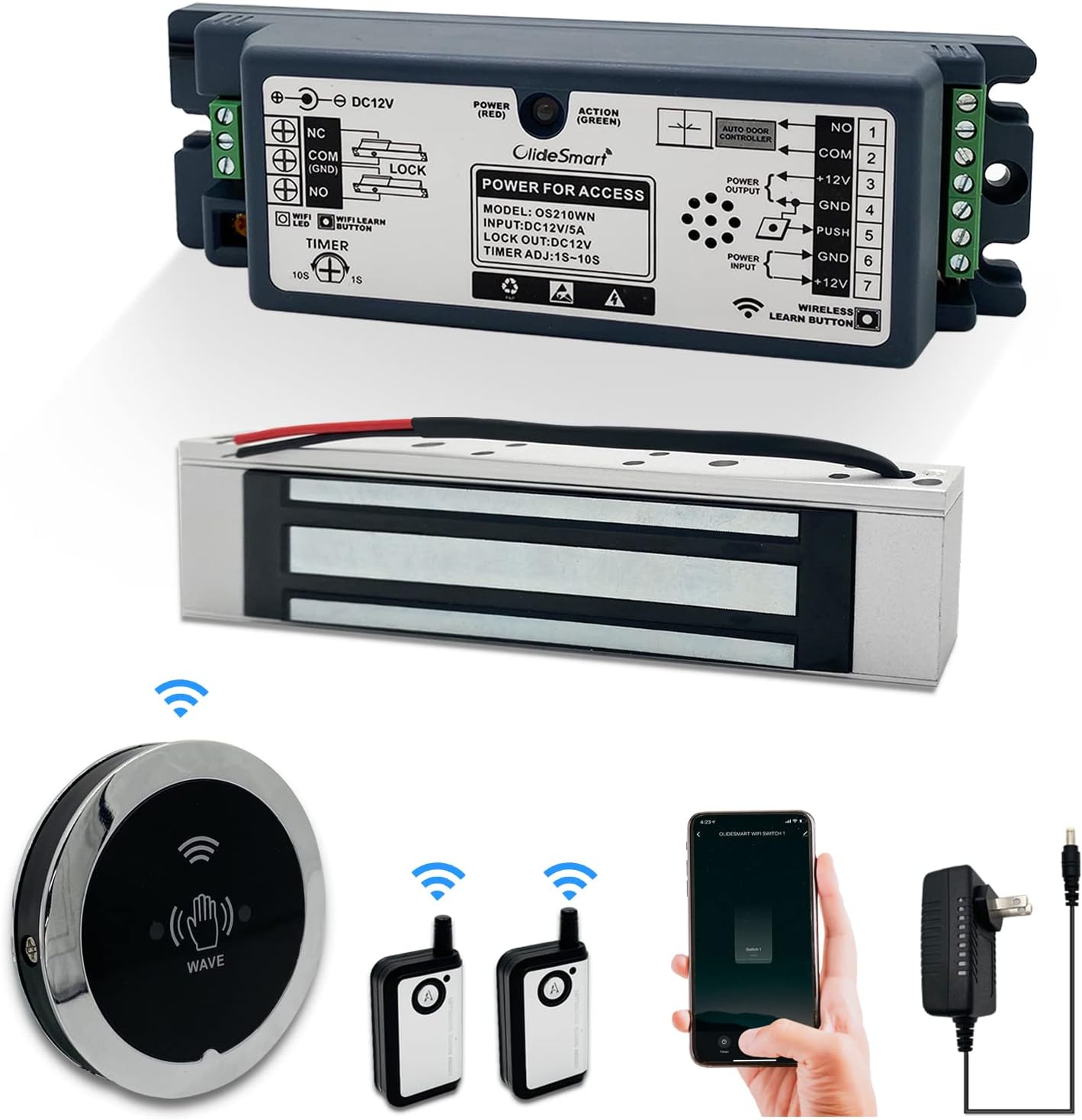 WiFi Access Control 400lb Holding Force Electic Magnetic Door Lock System Kit with Remote and Smartphone app Control, paired with Wireless Metal Touchless Round Switch (Electric Magnetic Lock kit)