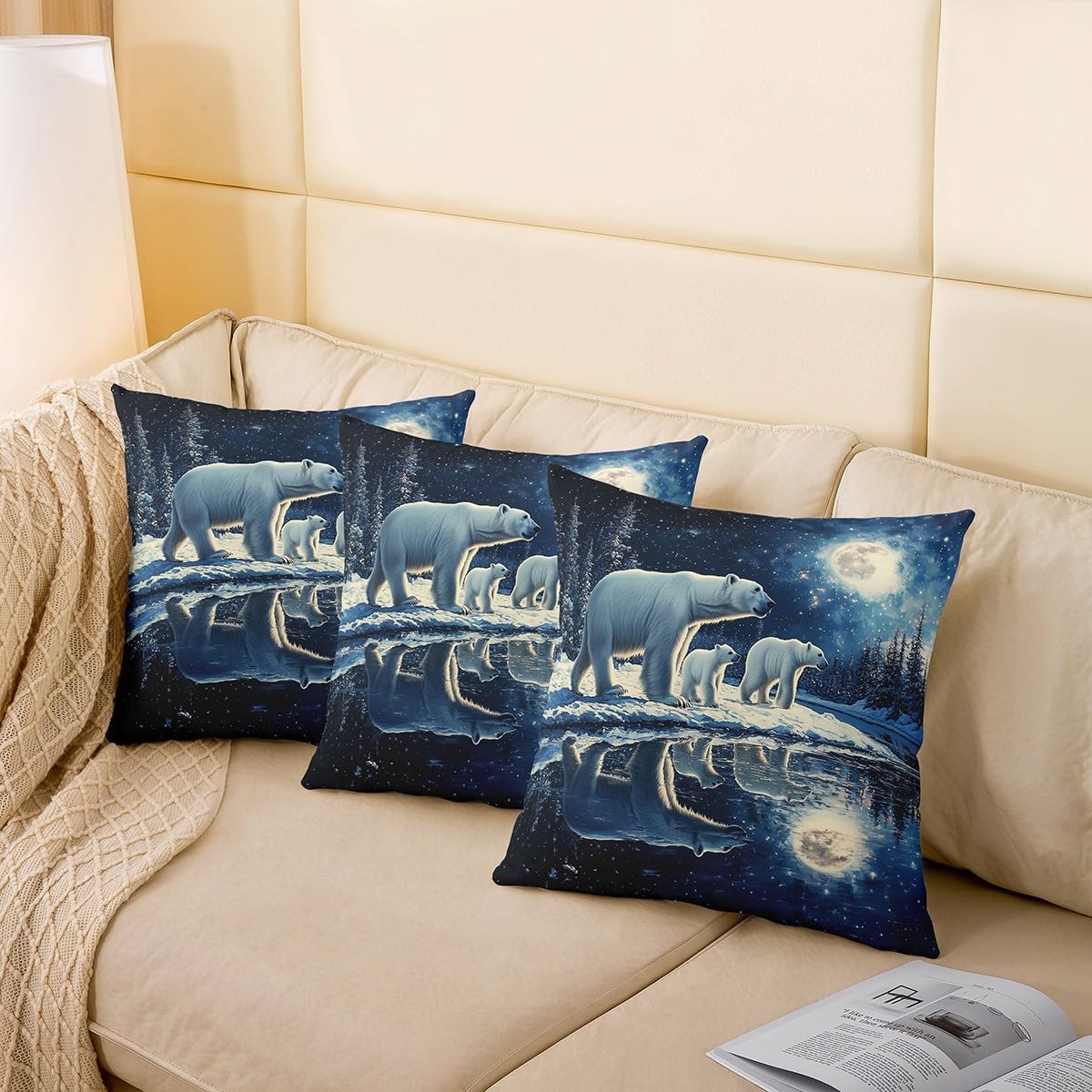 Cartoon Polar Bear Throw Pillow Covers Set of 2 Cute Winter Animal Cushion Covers for Couch Sofa Starry Moon Sky Decorative Pillowcases Dark Blue Beige White Outdoor Pillows Covers,24"x24"