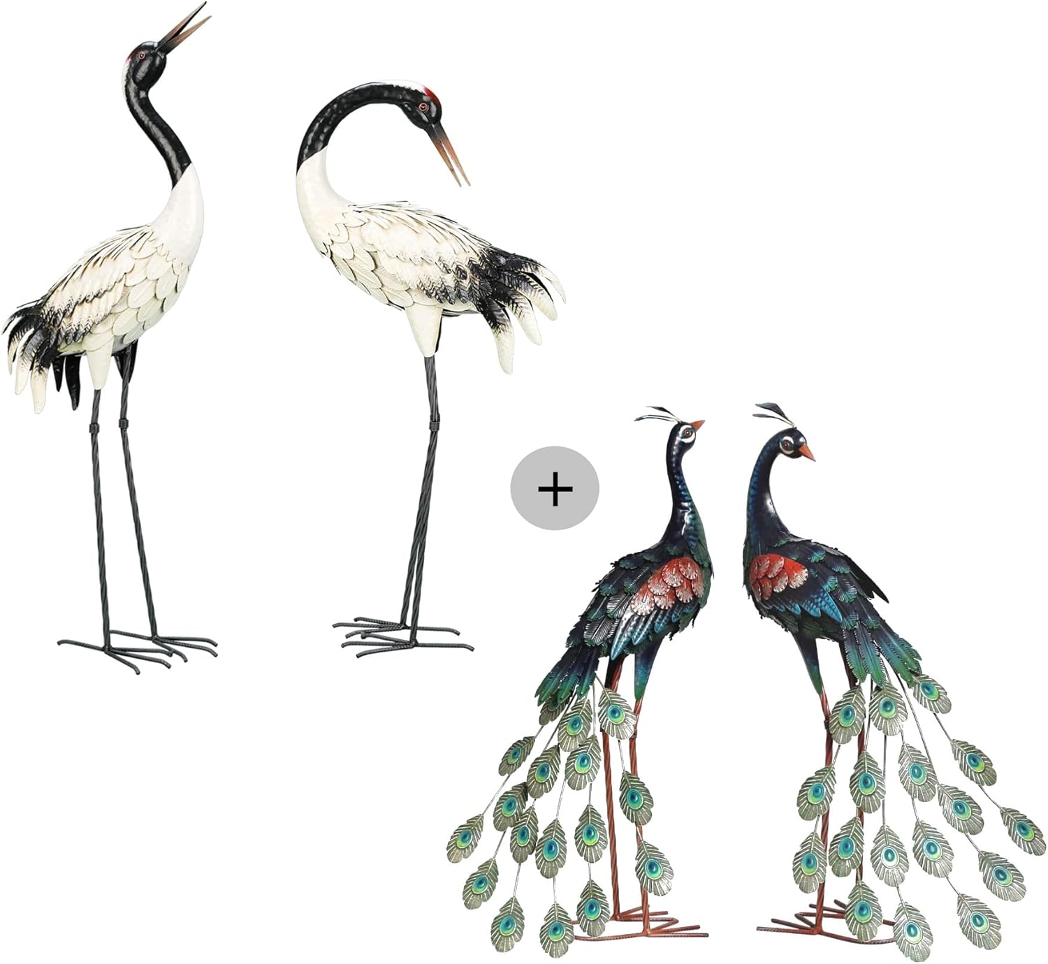 CHISHEEN Peacock Garden Statues Crane Outdoor Sculptures, Metal Yard Art Heron Statues Standing for Indoor Outdoor Decor, Bird Statues for Patio Lawn Porch Decorations