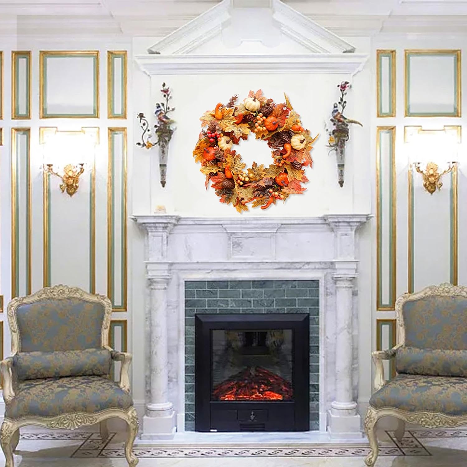 秋のリース 人工パンプキンリース | フローラルリース ドアリース 絶妙 - リアルでユニークな秋のリース ドア 壁 パティオ ホー