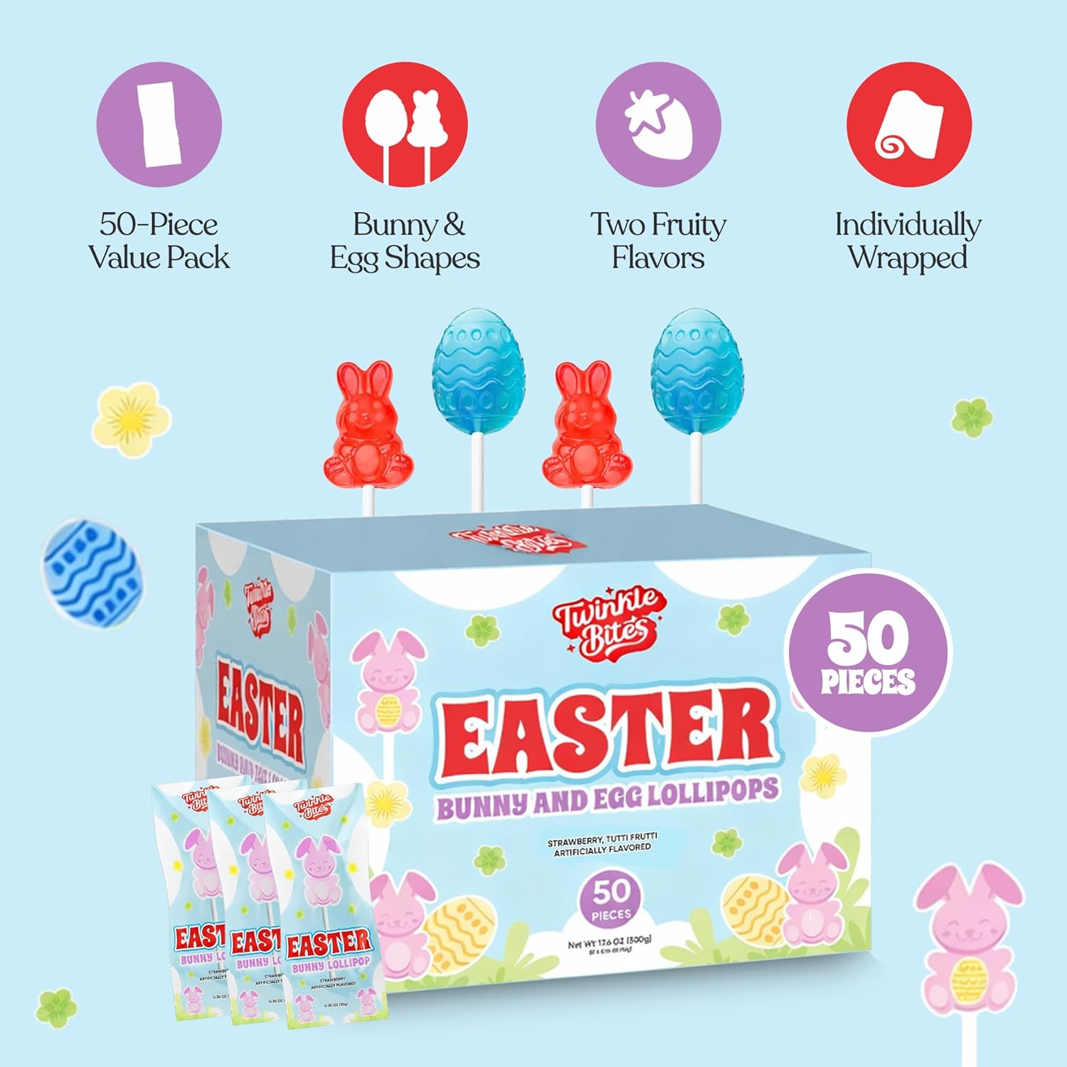 50 Pack Easter Lollipops – Individually Wrapped Bunny & Egg Suckers – Strawberry, Tutti Frutti Delicious Flavors – Bulk Holiday Suckers Great Use For, Easter Basket Stuffers, Kids, Party Favor, Classrooms Partys, Goodie Bags