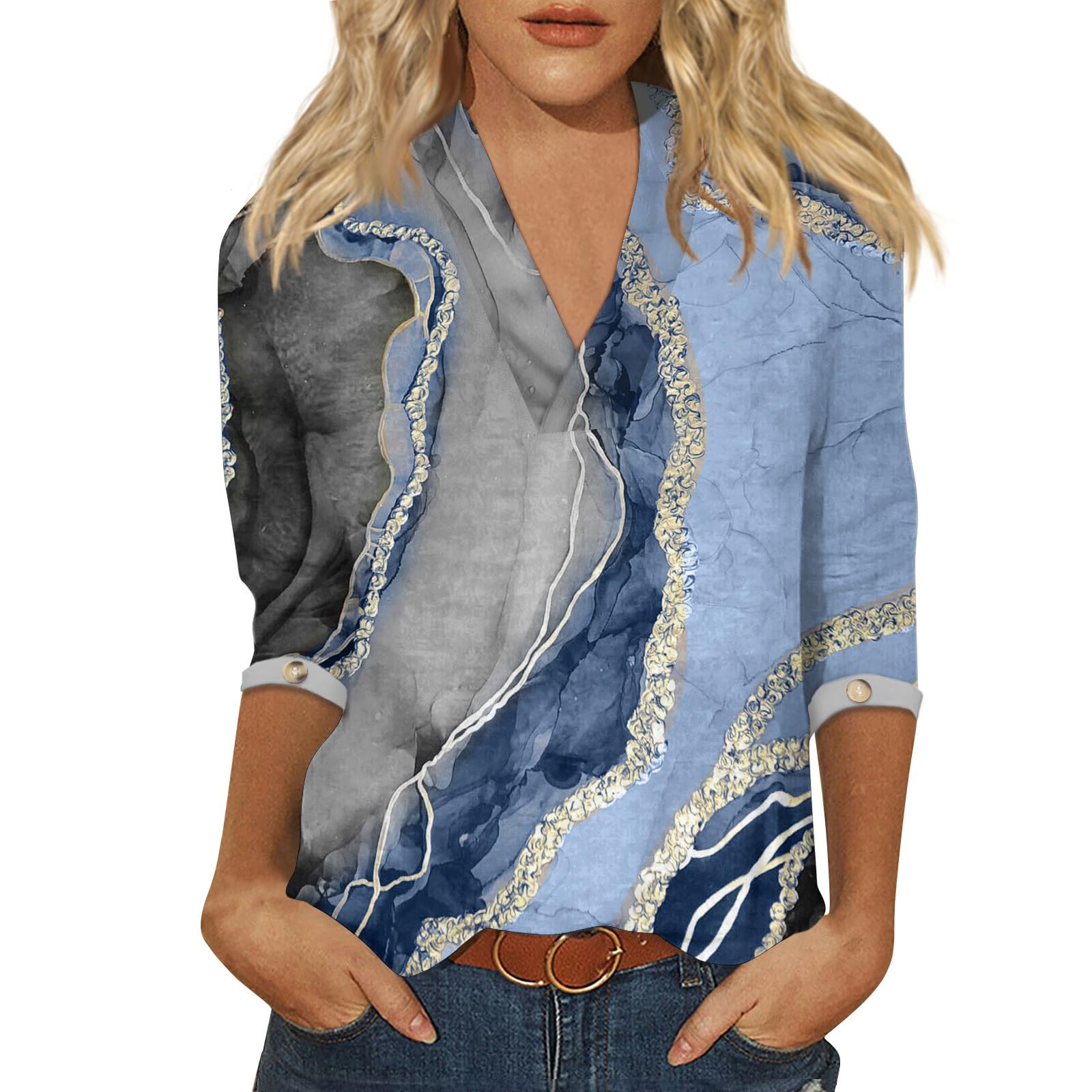 SCBFDI Blusa Flamenca, Camiseta Mujer Manga De Siete Puntos Casual Ropa De Salón Verano V Cuello Imprimir, Camiseta Mujer Talla Grande