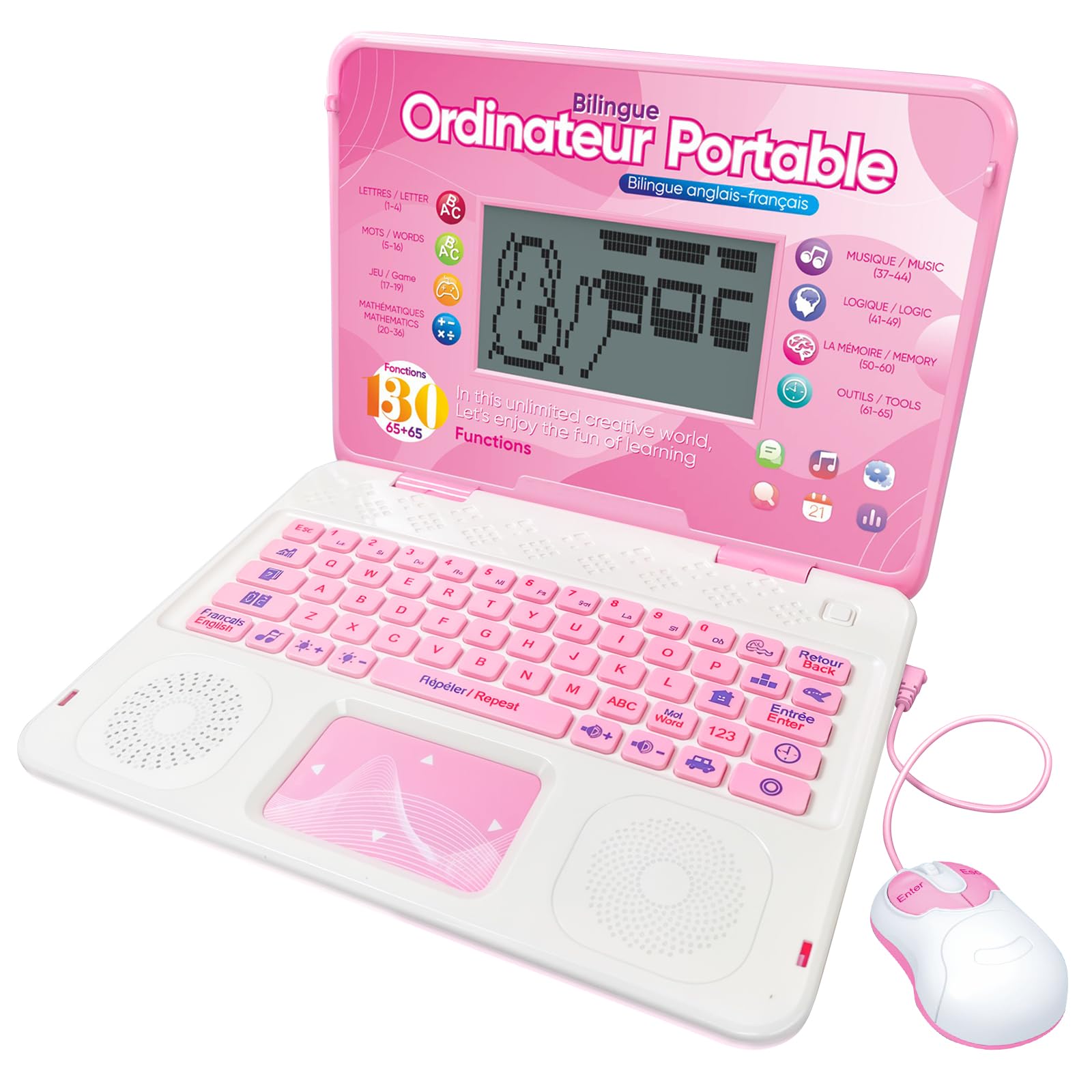 Ordinateur Enfant - Ordinateur Éducatif Bilingue - Jouet Fille avec 130 Jeux pour Apprendre l'Anglais, Le Français, Les Maths, Cadeau d'anniversaire de Noël pour Garçons Filles - Rose
