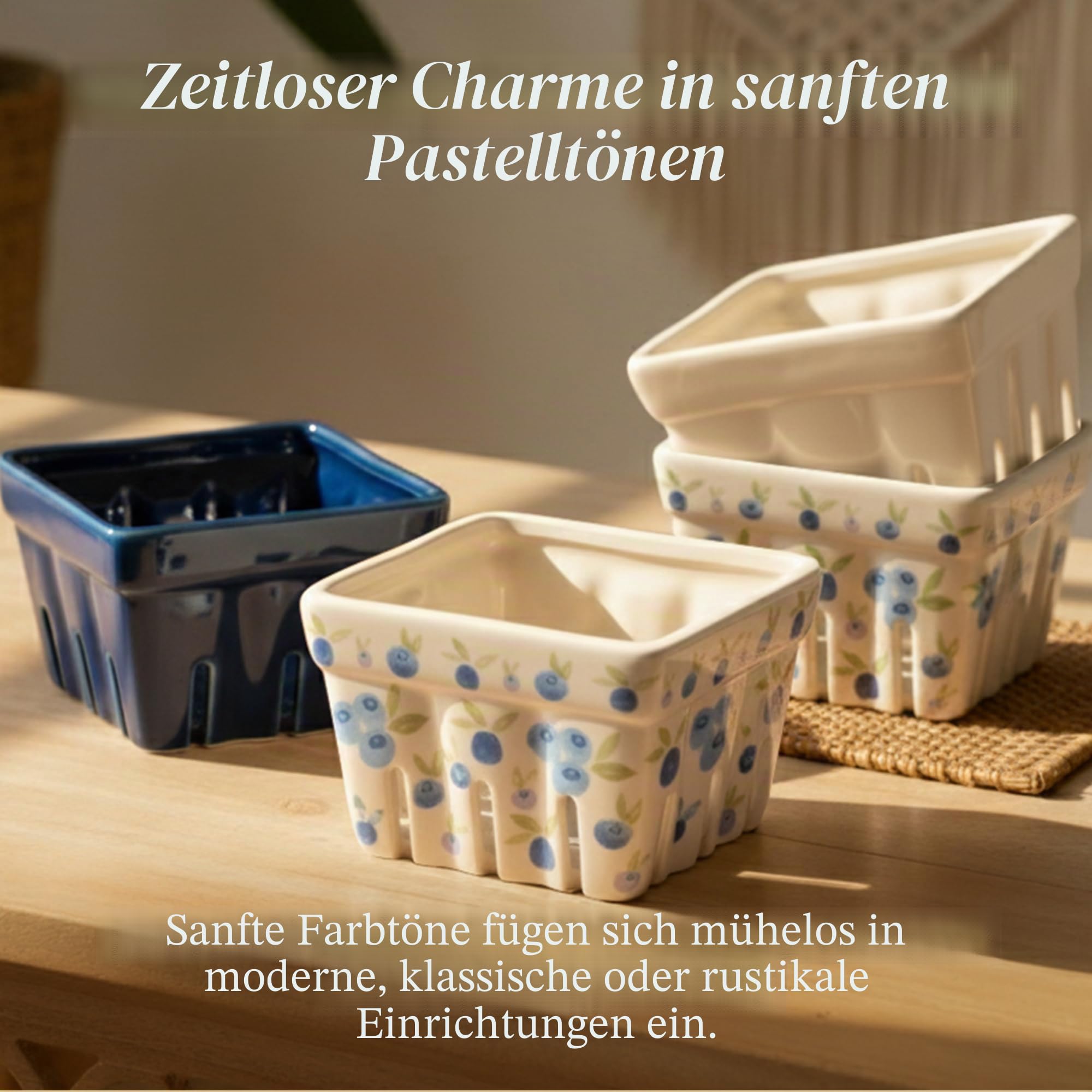 Farmhouse Keramik-Beerenkorb, Sieb, Farmers Market quadratische Schüssel rustikale Küchendekoration Obstschalen Obstkörbe Bleu Weiß und Blaubeere Muster Steingut Ernteschalen Set von 4 | Blaue, weiße und Blaubeer-Designs, Steingut, spülmaschinenfest, abtr