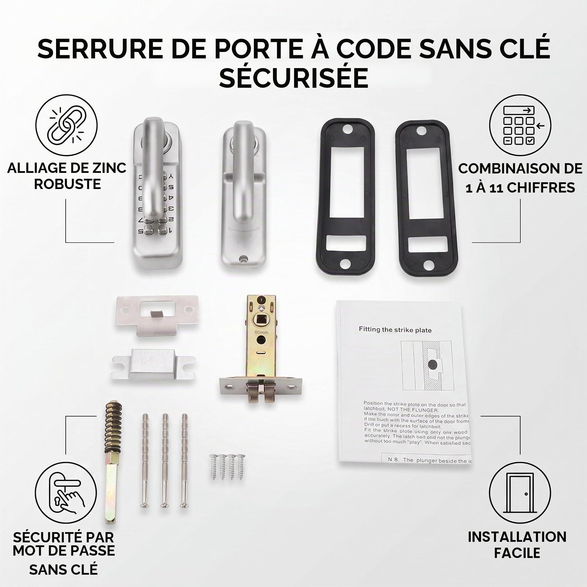 Wakects Serrure à code numérique, mot de passe avec code à combinaison de 1 à 11 chiffres, serrure sans clé, argent, pour portes de bureau, portes intérieures, portes de location