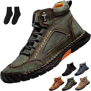 Hillde Shoes, Hillde Mens Shoes, Hillde Boots Men's Casual Leather Fashion Sneakers Ankle Chukka Boots Handmade Mid-top Non-Slip Walking Driving Shoes(Green,US 11.5)