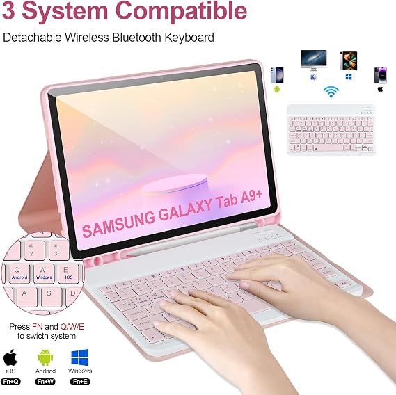 Keyboard Case for Samsung Galaxy Tab A9+/Plus 11 2023(SM-X210/X216/X218),Case with Keyboard for Samsung Tab A9+ with S Pen Holder,Detachable Bluetooth Keyboard for Galaxy A9 Auto Wake/Sleep,Pink