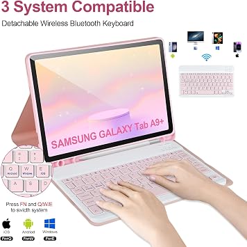Keyboard Case for Samsung Galaxy Tab A9+/Plus 11 2023(SM-X210/X216/X218),Case with Keyboard for Samsung Tab A9+ with S Pen Holder,Detachable Bluetooth Keyboard for Galaxy A9 Auto Wake/Sleep,Pink