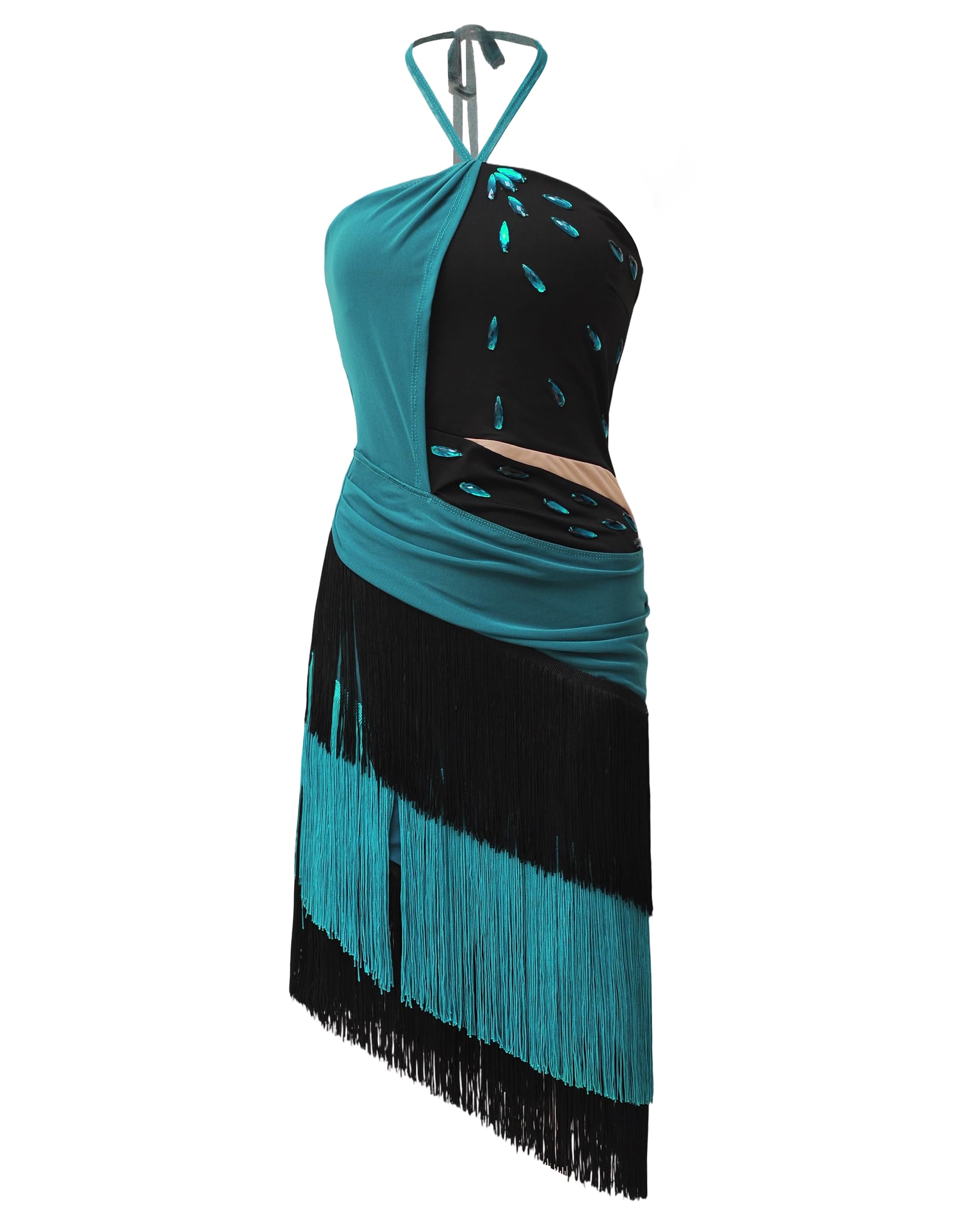 ROYAL SMEELA Abito da Danza Latino con Collo Halter,Vestito da Ballo Latino con Frange,Vestito Ballo Salsa Donna con Strass,Abiti Danza Tango Samba Rumba in Blu