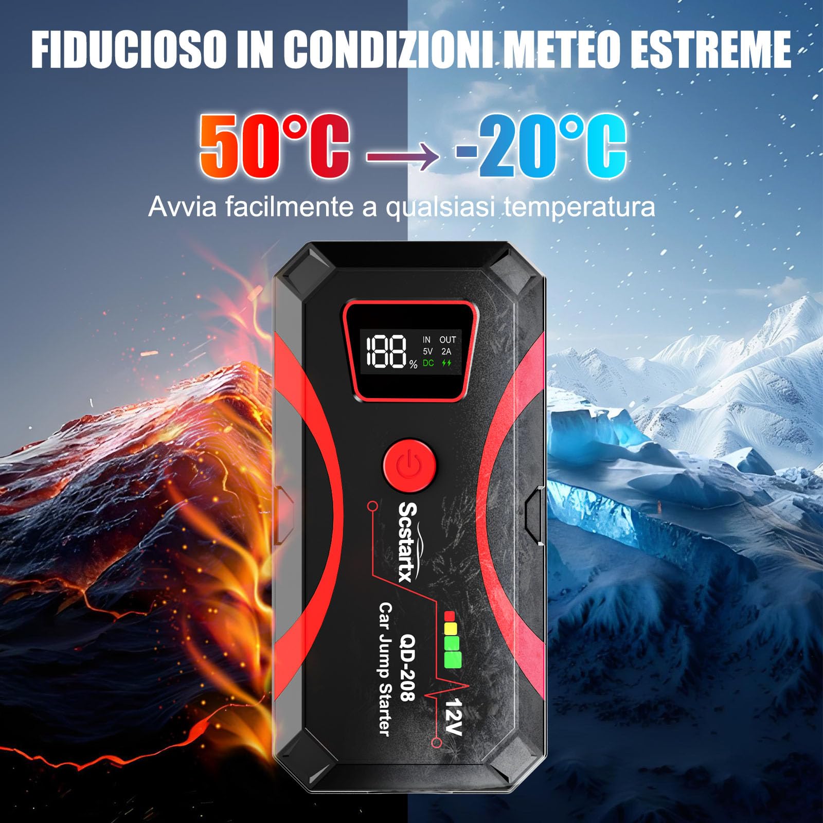 Avviatore per Batteria Auto 208, Batteria di Emergencia Portatile 2000A di Picco 12V per Motociclette e Auto fino a 7L Benzina & 4L Diesel, 3 Modalità Torcia e Morsetti di Sicurezza