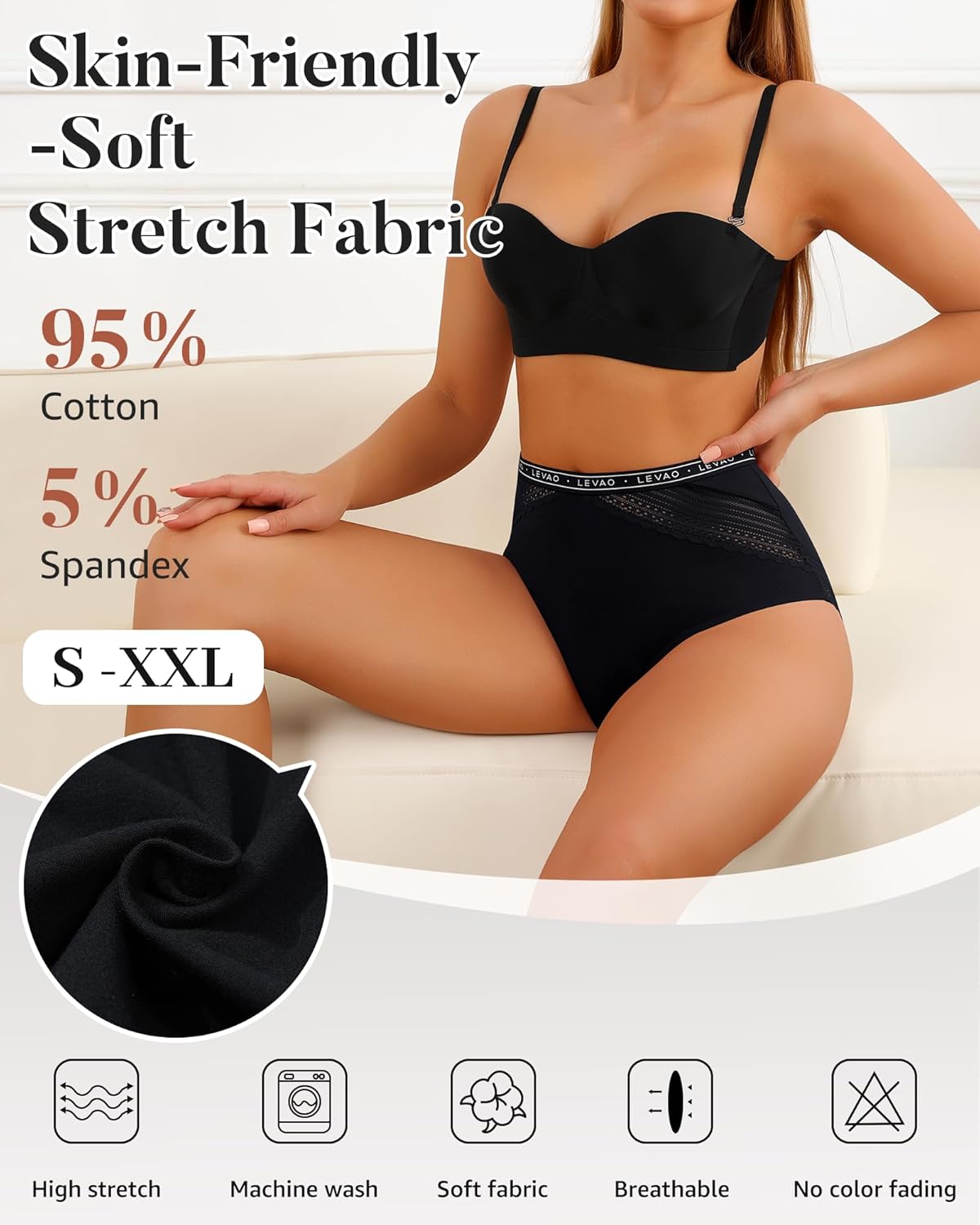 LEVAO Women's Cotton Underwear High Waisted Briefs Full Coverage Bikini Panties with Lace Trim Soft Hipster 5 Pack S-XXL - Image 5