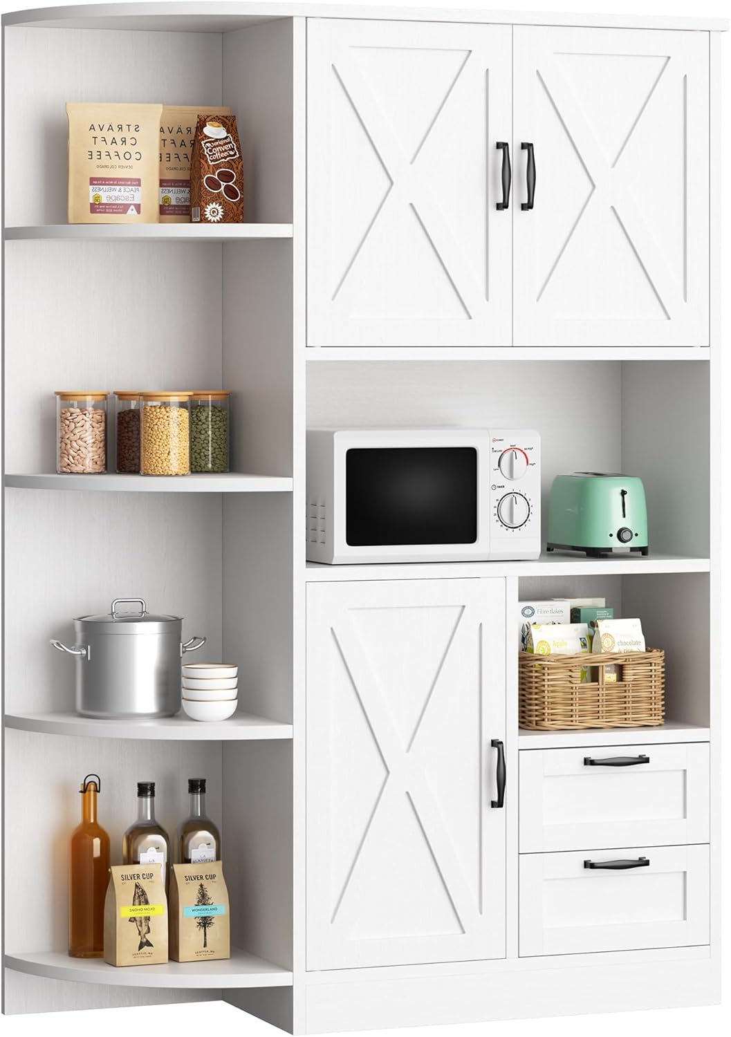 SUNLEI Farmhouse Kitchen Pantry Storage Cabinet with Microwave Shelf, Tall Freestanding Kitchen Hutch and Storage Pantry with Cupboard & Drawers for Dining Room,White