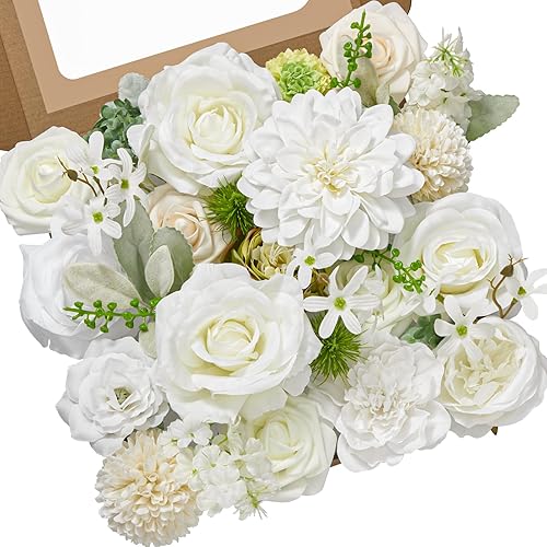 Serwalin Flores artificiales, flores blancas falsas, flores de seda para manualidades, ramos de boda, centros de mesa y arreglos florales, despedida