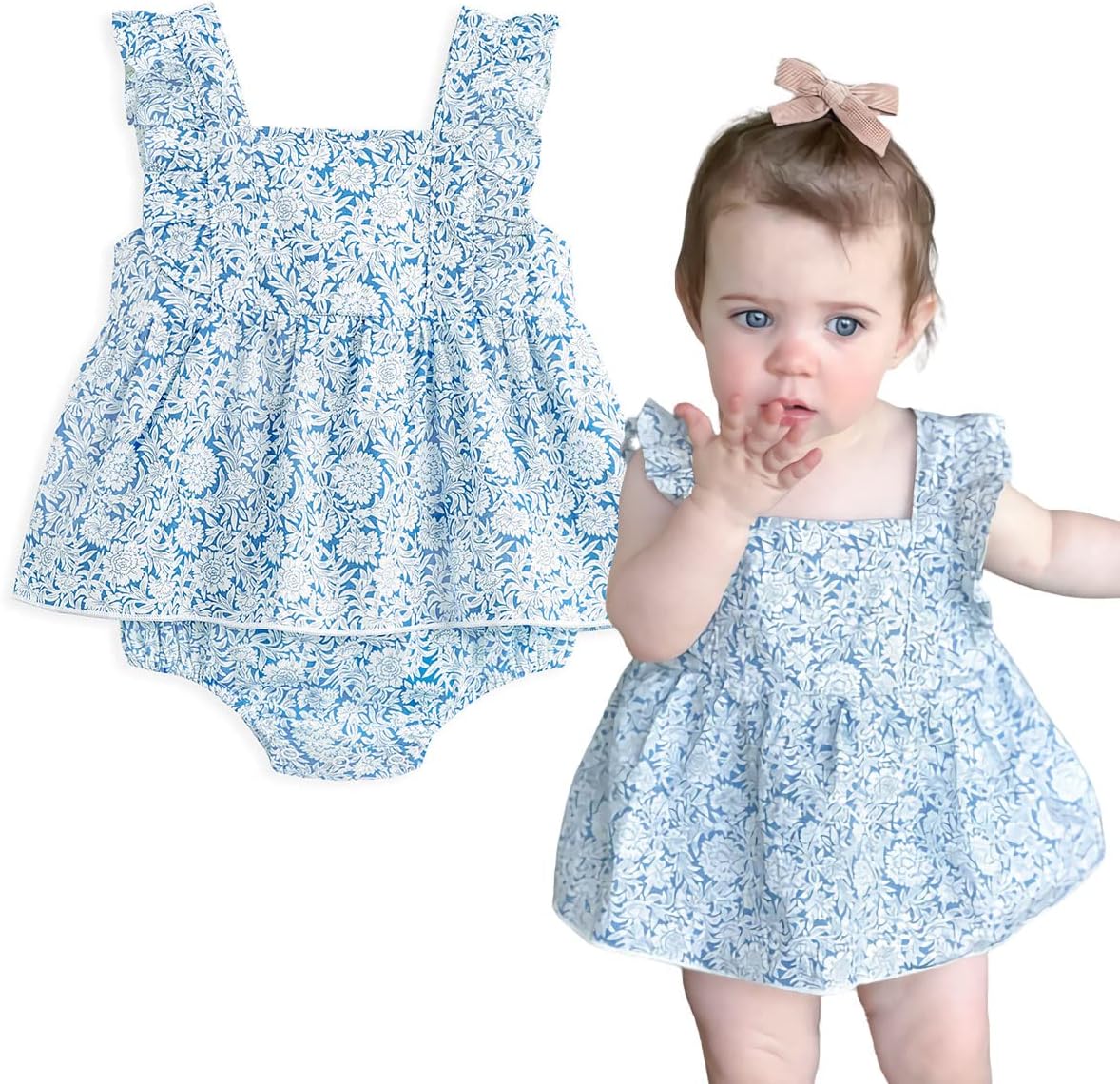Simplee kids Baby Infant Girls Summer Romper Dress Summer Cotton Ruffle Sleeve Floral Onesie for 12 Months B-light Blue