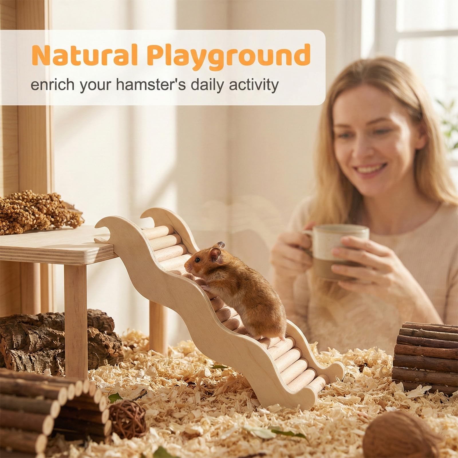 Ponte sospeso per criceti, scaletta per Animali Domestici, Recinzione in legno per criceti, giocattoli da masticare per criceti, Giocattolo Scaletta da Arrampicata in Legno per Criceti - 5