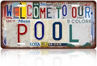 Vintage Welcome License Plate welcome to our pool Wall Decor Metal Tin Sign for Bedroom Kitchen Garden Wall Bar Club Coffee Hanging Sign Home 8x12 Inch