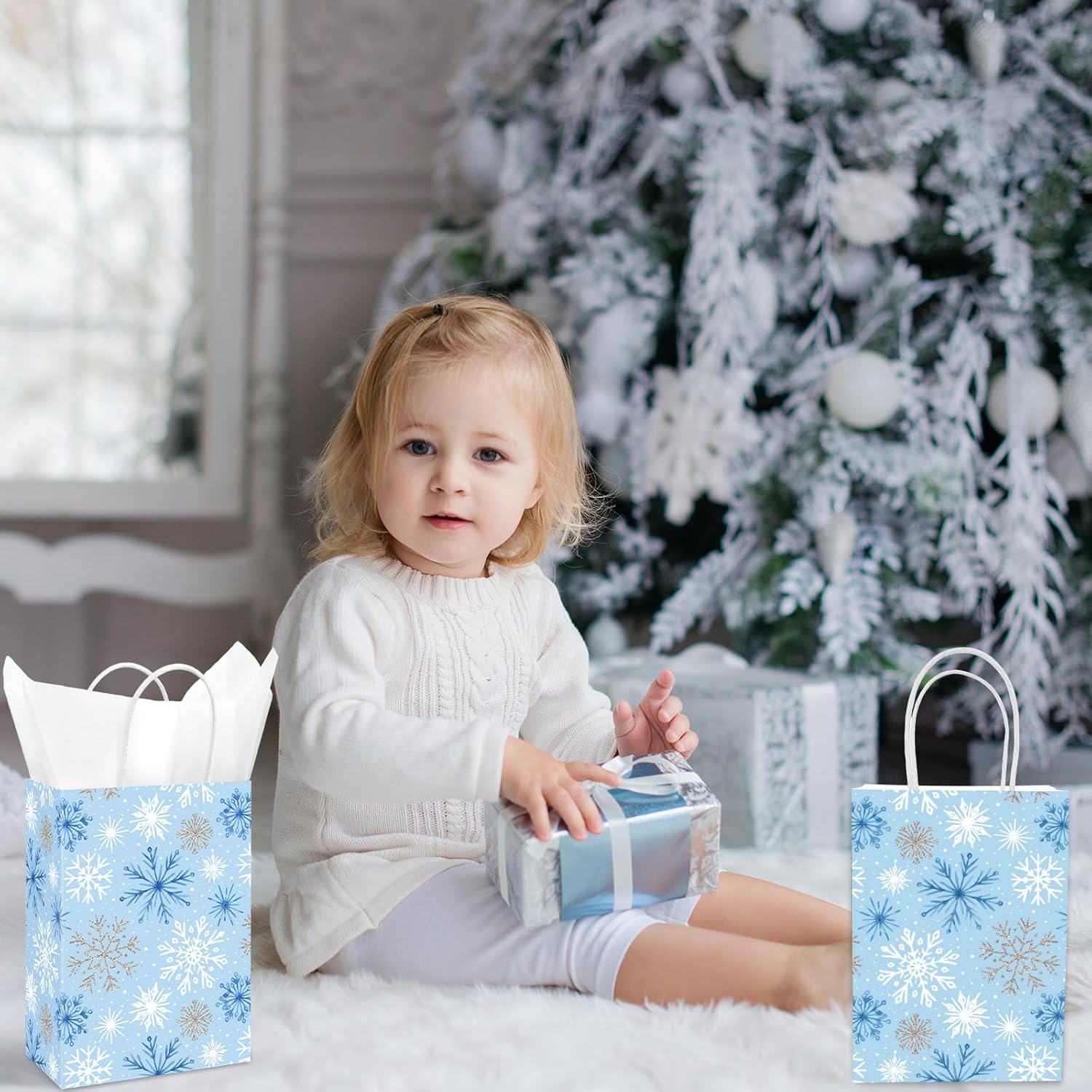 16 Pcs Christmas Snowflake Paper Gift Bags Blue White Winter Snowflake Party Favor Bags with Handles and Tissue Paper for Candy Goodie Treat Xmas Holiday Wrapping - Image 6