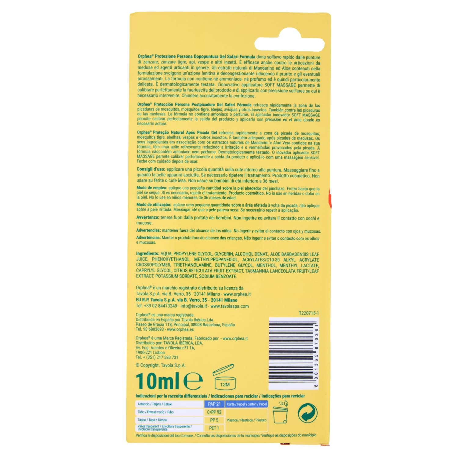Orphea, Gel Dopopuntura, Safari Formula, con Applicatore di Roll on, Azione Immediata Contro Punture Di Zanzare, Vespe e meduse, Senza Ammoniaca e Alcohol, Con Estratti Naturali, 10ml