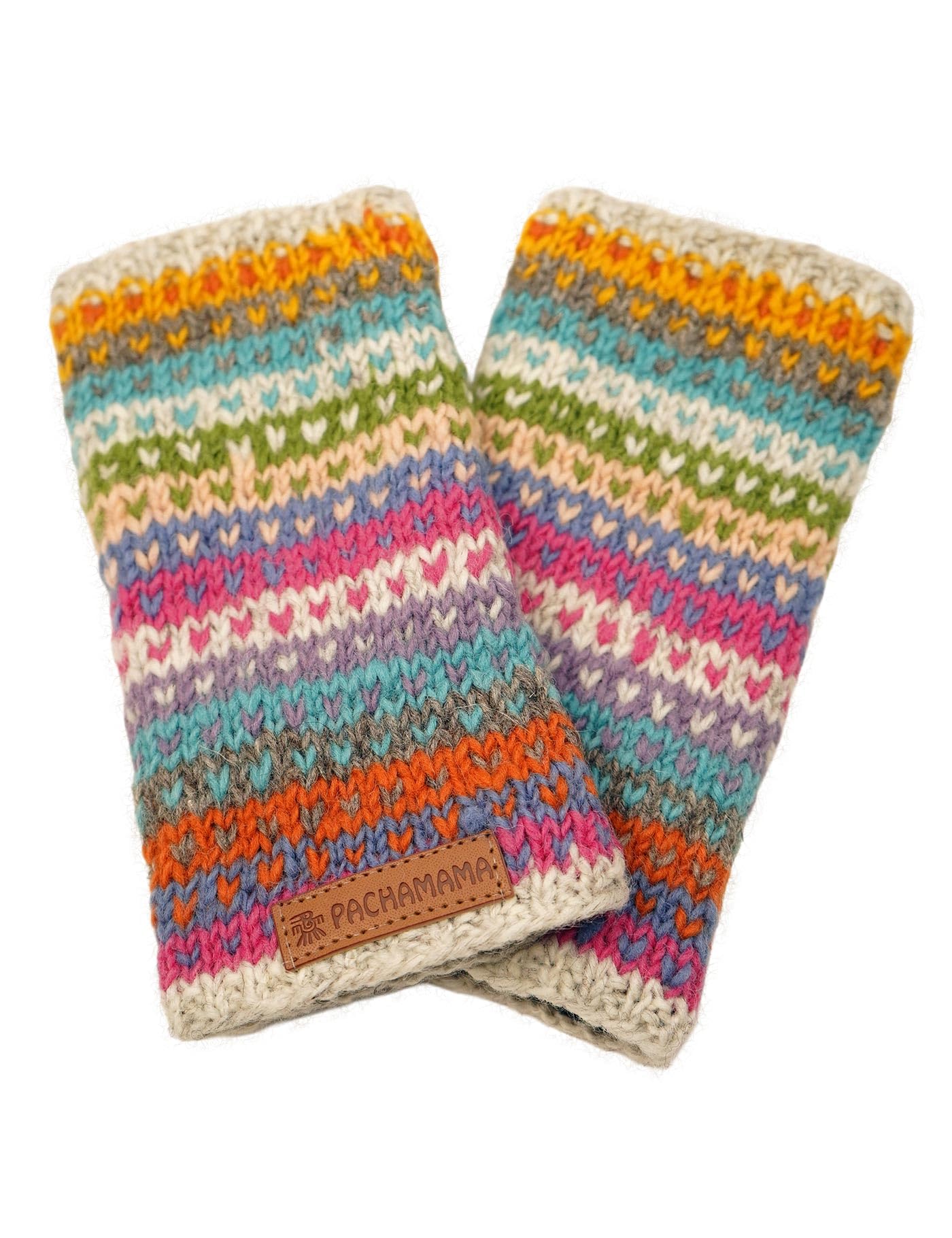 Pachamama Women's Multicolored Wool Hand Wrist Warmers Fleece Lined Handknitted Dots Stripes Multicoloured One-Size Handmade Extra Warm Fair Trade