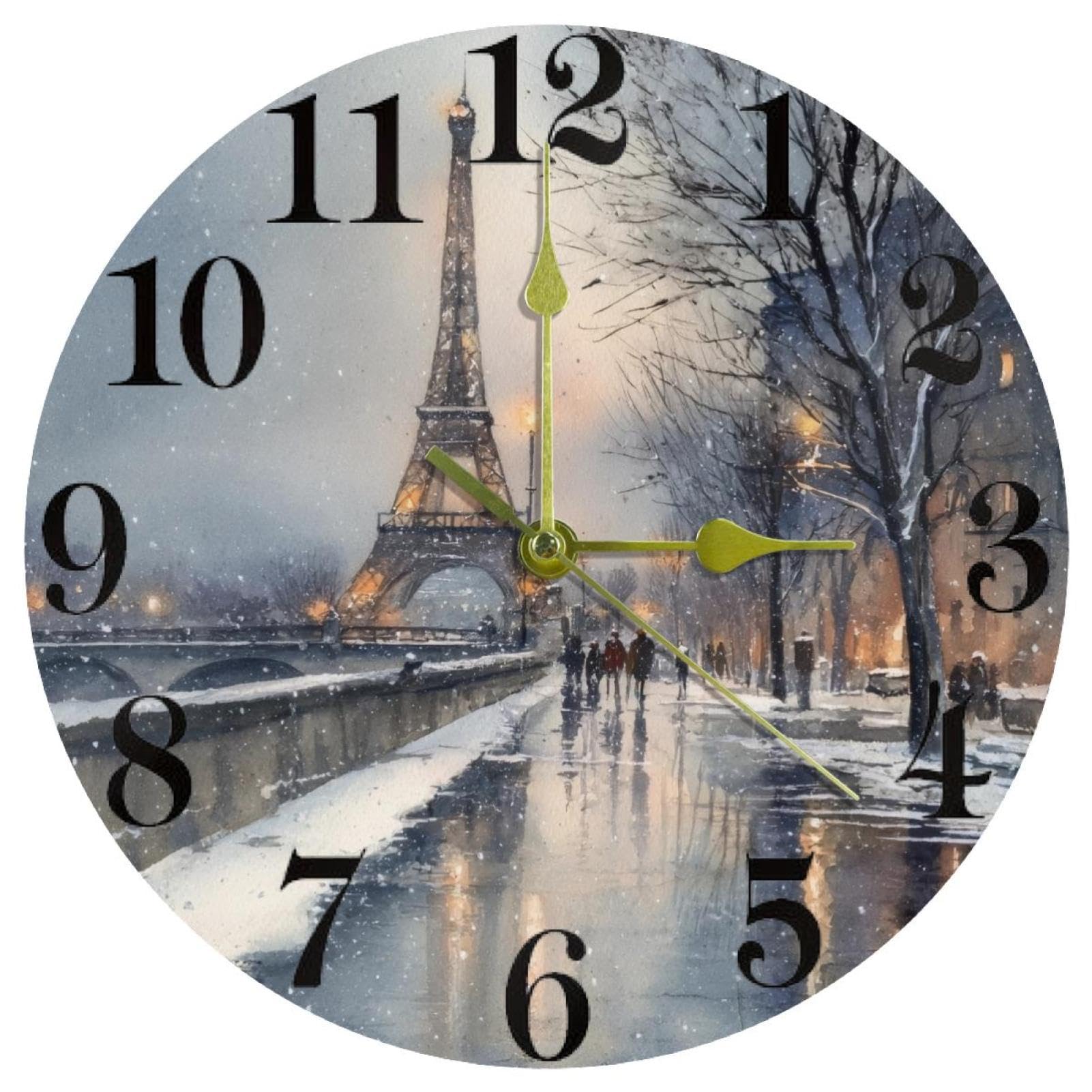 Horloge murale sans tic-tac Snow Fall Paris ronde à pile pour bureau