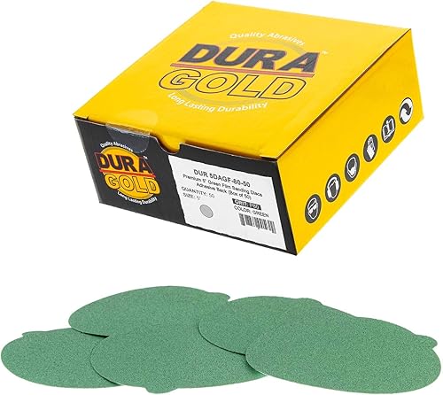 Miniatura 16 de Dura-Gold Discos de lija PSA de película verde de 5 pulgadas, grano 180 (caja de 50), discos de papel de lija autoadhesivos con parte trasera