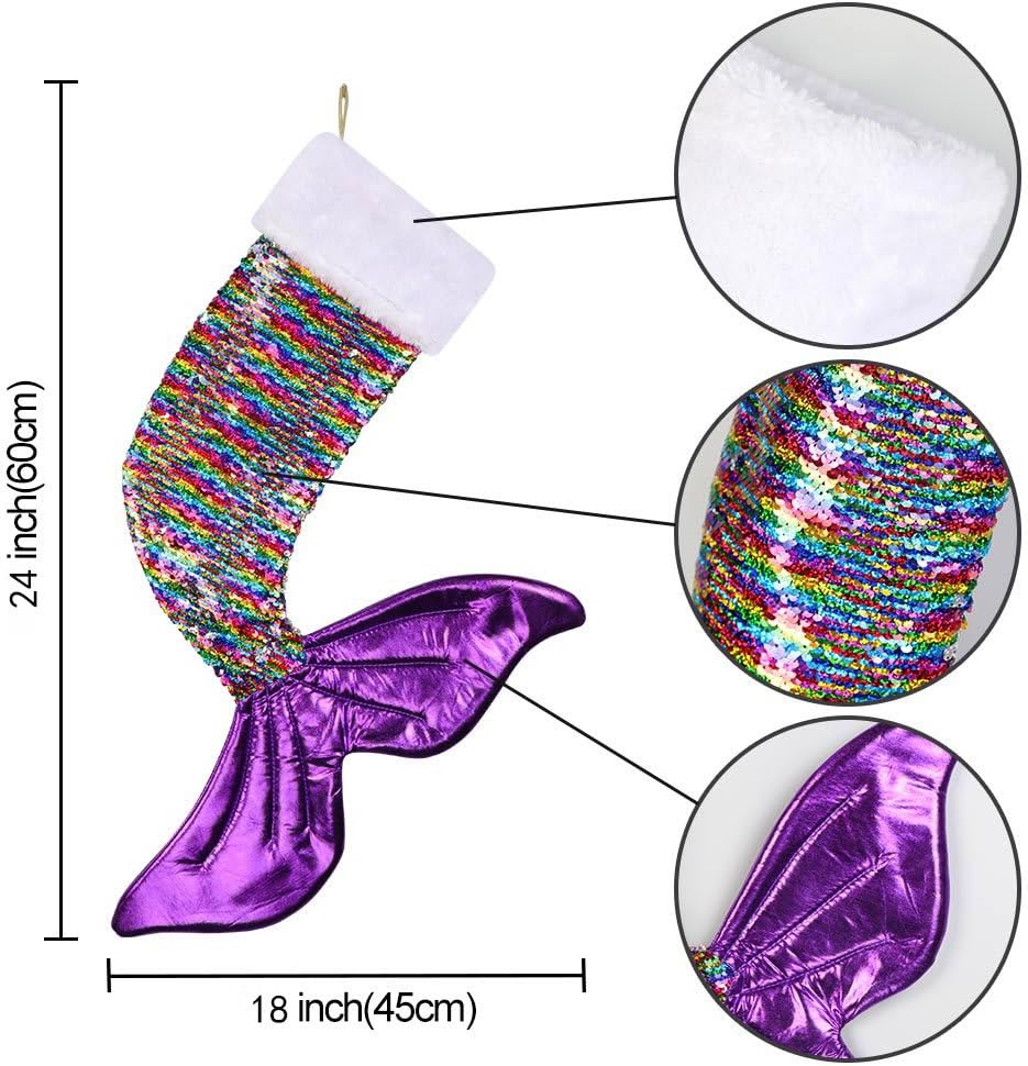 OurWarm Purple Mermaid Tail Christmas Stocking, Magic Reversible Sequins Mermaid Holiday Stockings for Christmas Decorations, 24 Inch Sparkly Christmas Stockings