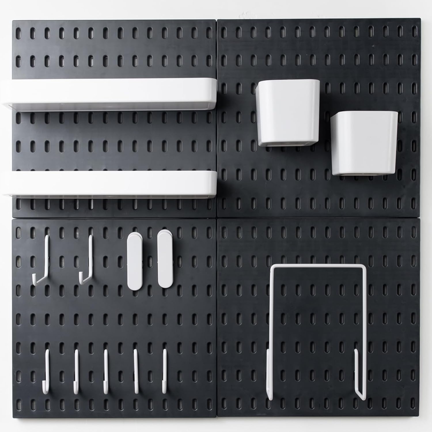 Pegboard Combination Kit for Wall Organizer, Wall Mounted Peg Board Kits for Kitchen, Bedroom, Office, &Bathroom, 4 Pieces Black Pegboards and 14 Accessories, 22" x 22"