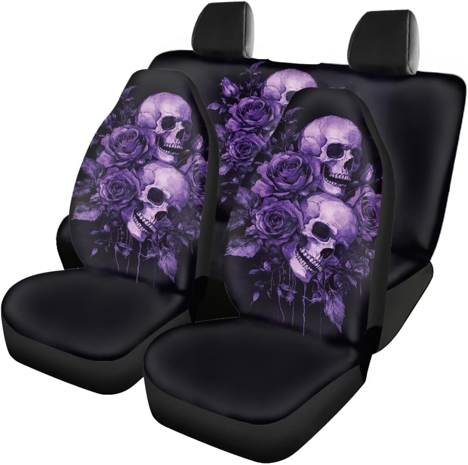 Skull Rose Pattern Seat Cover for Cars, Stain Resistant Automotive Front and Back Seat Protection Set of 4, Elastic Car Accessories Decoration for SUV Van Truck