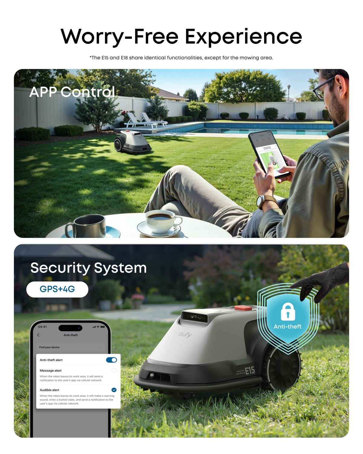 eufy Robot cortacésped E15, mapeo automático, navegación de visión pura, sin cables RTK, gestión multizona, prevención de obstáculos AI 3D, antirrobo GPS, 0.2 acres, pendiente de 18°, control de