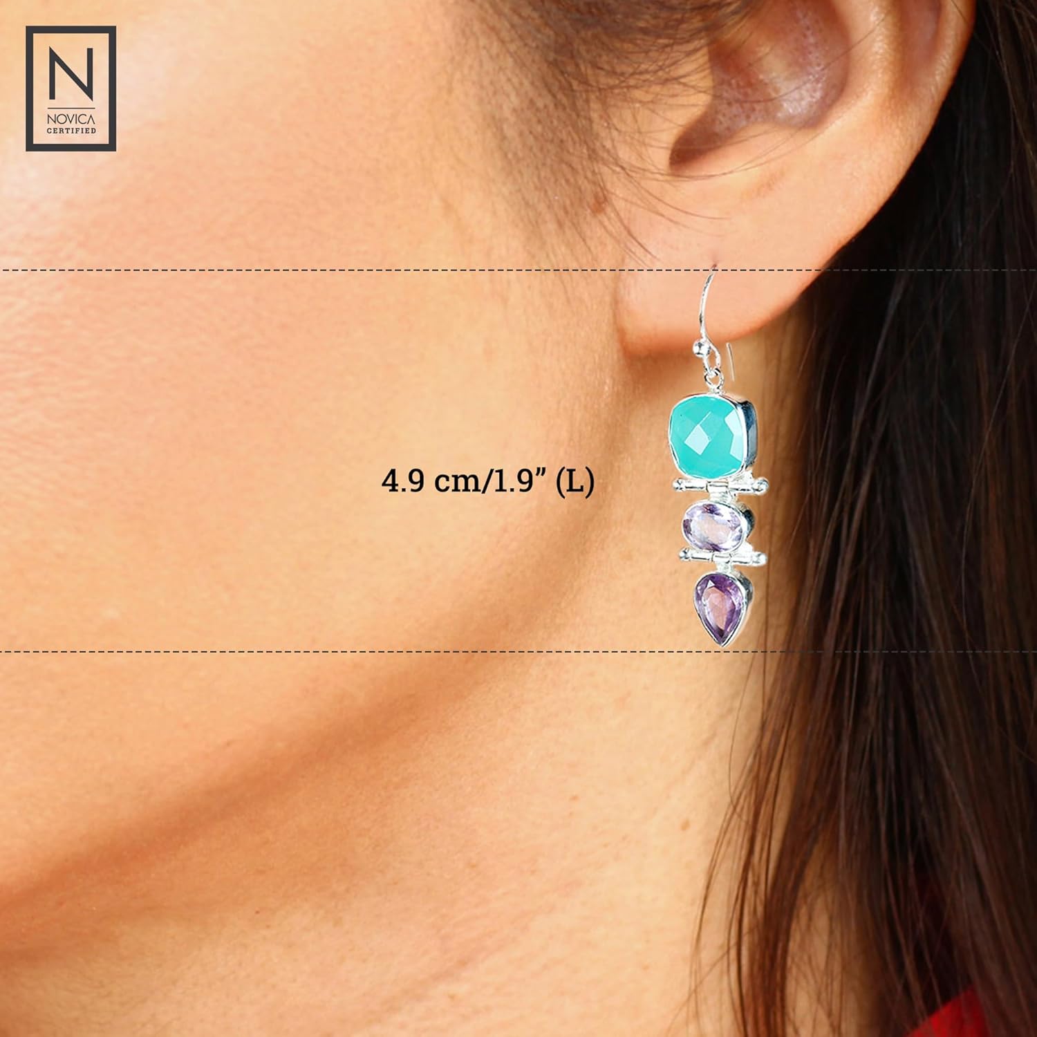 NOVICA Artisan Handmade Amethyst and Chalcedony Dangle Earrings | .925 Sterling Silver | Blue and Purple Birthstones | 'Glittering Muse' | 1.9" L x 0.4" W