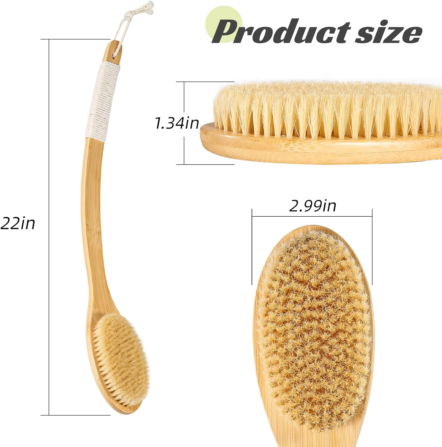 ​​​​Bath Body Brush Shower, 22" Super Long Curved Bamboo Handle Antiskid Back Body Scrubber Wet/Dry Brushing, Moderately Soft Natural Bristle Body Brush for Showering
