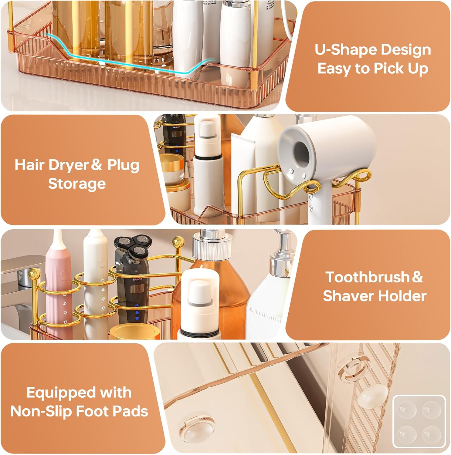 3-Tier Bathroom Countertop Organizer - Amber Acrylic Vanity Trays with Hair Dryer & Toothbrush Holder - Luxury Skincare, Perfume & Makeup Storage Rack for Countertop, Dresser & Cabinet