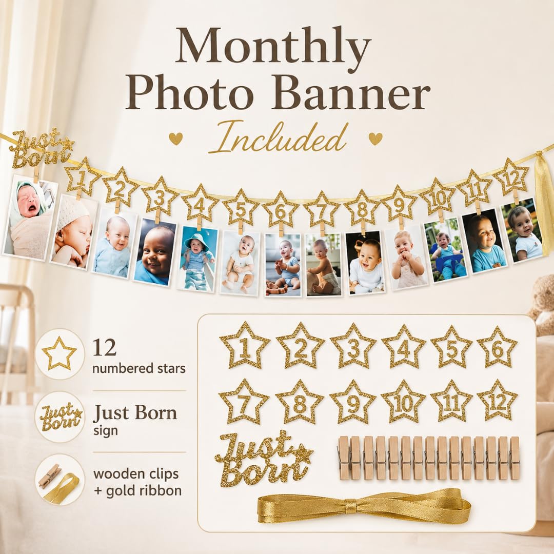 Libro de recuerdos para bebé con pancarta mensual de fotos y calcomanías, diario de recuerdo de primer año y álbum de fotos, tapa dura neutra de género para recién nacidos y baby shower